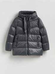 Puchowa kurtka z kapturem - ciemnoszary. Szare kurtki Reserved, l, bez wzorów, z puchu, z kapturem. Za 459.99 zł.