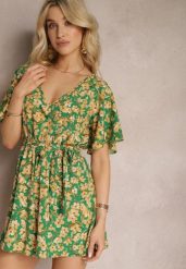 Zielono-Żółty Kombinezon w Kwiaty z Krótkim Rękawem z Gumką w Talii i Paskiem Biacelia. Zielone kombinezony Renee, na co dzień, l, bez wzorów, eleganckie, bez kołnierzyka, bez ramiączek, mini, proste. W wyprzedaży za 35.99 zł.