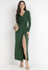 Ciemnozielona Sukienka Mellona. Zielone sukienki Born2be, l, bez wzorów, z dzianiny, eleganckie, bez kołnierzyka, bez ramiączek, maxi, kopertowe. W wyprzedaży za 111.99 zł.