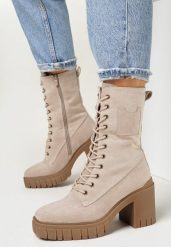 Ciemnobeżowe Botki na Słupku i Platformie ze Sznurowaniem Arove. Brązowe botki Born2be, bez wzorów, z jeansu, eleganckie, bez obcasa, na obcasie, bez zapięcia. Za 149.99 zł.