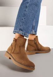Brązowe Botki na Płaskiej Podeszwie z Ozdobnymi Przeszyciami Harirae. Brązowe botki Renee, bez wzorów, z jeansu, eleganckie, z okrągłym noskiem, bez obcasa, na płaskiej podeszwie, bez zapięcia. Za 79.99 zł.