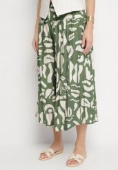 Zielone Szerokie Spodnie Kuloty z Gumką w Pasie i Geometrycznym Wzorem Virtebia. Zielone jeansy Born2be, l, z aplikacjami, z jeansu, eleganckie. Za 79.99 zł.