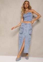 Niebieska Jeansowa Spódnica Regular Waist z Kieszeniami z Napami i Rozcięciem Alicella. Niebieskie spódnice Renee, l, bez wzorów, z jeansu, eleganckie, maxi, koszulowe. W wyprzedaży za 119.99 zł.