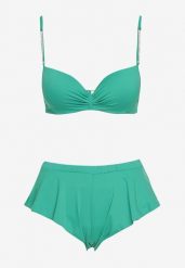 Zielone Bikini Góra z Regulowanymi Ramiączkami Ozdobionymi Cyrkoniami z Elastycznym Dołem w Zestawie Spodenki Kąpielowe z Gumką w Pasie Quilalia. Zielone bikini Born2be, z aplikacjami. Za 49.99 zł.