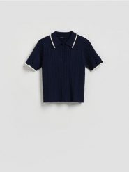 Sweter polo z wiskozą - granatowy. Niebieskie swetry Reserved, l, bez wzorów, z dzianiny, bez ramiączek. Za 119.99 zł.