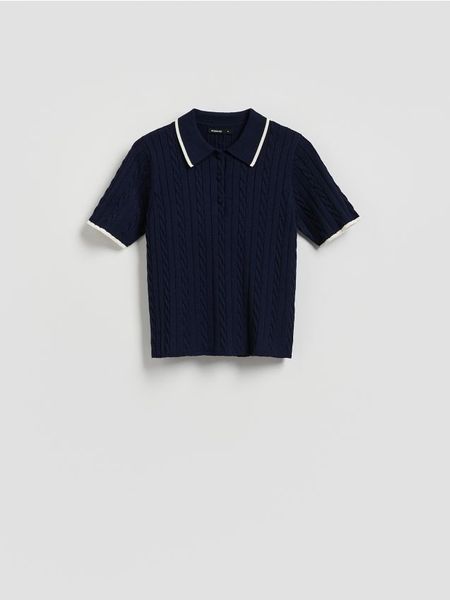 Sweter polo z wiskozą - granatowy. Niebieskie swetry Reserved, l, bez wzorów, z dzianiny, bez ramiączek. Za 119.99 zł.