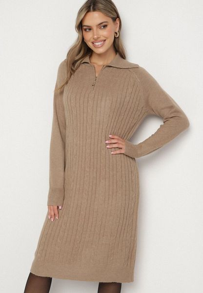 Beżowa Sweterkowa Sukienka Pudełkowa z Bawełną i Wełną Ozdobiona Suwakiem Reimia. Brązowe sukienki Born2be, na co dzień, uniwersalny, bez wzorów, z bawełny, klasyczne, bez kołnierzyka, bez ramiączek. Za 79.99 zł.