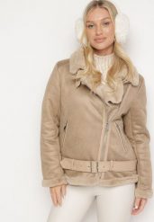 Beżowa Kurtka Pilotka z Asymetrycznym Zapięciem i Futerkiem Simuna. Brązowe kurtki Born2be, na jesień, l, bez wzorów, eleganckie, bez kaptura. Za 229.99 zł.