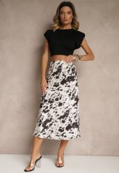 Czarno-Biała Spódnica z Satynowej Tkaniny Zdobiona Krowim Printem Kolorea. Czarne spódnice Renee, na co dzień, l, z aplikacjami, z satyny, eleganckie, midi, oversize. W wyprzedaży za 75.99 zł.