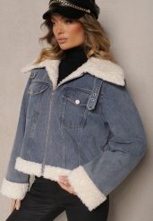 Niebieska Jeansowa Kurtka z Bawełną Ozdobiona Futerkiem Typu Baranek Sallessa. Niebieskie kurtki Renee, l, bez wzorów, z bawełny, eleganckie, bez kaptura. W wyprzedaży za 136.49 zł.
