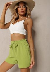 Jasnozielone Casualowe Szorty Bermudy High Waist Wykończone Gumką w Pasie Otanea. Zielone szorty Renee, bez wzorów, eleganckie. W wyprzedaży za 35.99 zł.