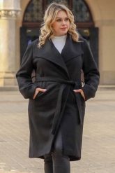 Płaszcz flauszowy na podszewce kopertowy wiązany KLARA czarny. Czarne płaszcze KARKO, na jesień, plus size, bez wzorów, z elastanu, eleganckie, bez kaptura. Za 258.50 zł.