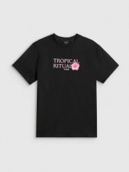 4F T-shirt loose z nadrukiem damski - czarny M. Czarne t-shirty 4f, m, bez wzorów, z bawełny, bez kołnierzyka, bez ramiączek. Za 79.99 zł.