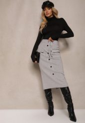 Jasnoszara Spódnica Ołówkowa z Kaszmirem High Waist z Ozdobnymi Guzikami i Kieszeniami Edithwen. Szare spódnice Renee, bez wzorów, z dzianiny, midi, ołówkowe. W wyprzedaży za 119.99 zł.