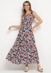 Granatowa Rozkloszowana Sukienka Bawełniana w Kwiatowy Print z Guzikami Jamallia. Niebieskie sukienki Born2be, m, bez wzorów, z bawełny, bez kołnierzyka, bez ramiączek, maxi, rozkloszowane. Za 99.99 zł.