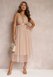 Ciemnobeżowa Tiulowa Sukienka Rozkloszowana z Koronką Phyvana. Brązowe sukienki Renee, na imprezę, m, bez wzorów, z koronki, eleganckie, bez kołnierzyka, bez ramiączek, midi, kopertowe. W wyprzedaży za 143.99 zł.