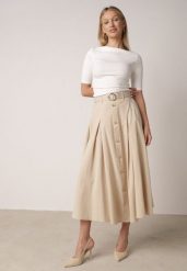 Beżowa Spódnica Rozkloszowana z Bawełną i Paskiem oraz Kieszniami Jorlea. Brązowe spódnice Born2be, na co dzień, l, bez wzorów, z bawełny, boho, midi, koszulowe. Za 129.99 zł.