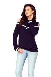 Granatowa Bluza Typu Cold Shoulder z Kontrastowymi Lamówkami. Bluzy NUMOCO, s, bez wzorów, z materiału, bez kaptura. Za 156.90 zł.