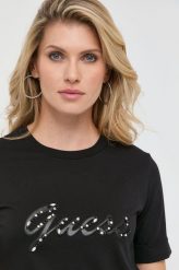 Guess t-shirt damski kolor czarny. Czarne t-shirty Guess, l, z aplikacjami, z bawełny, bez kołnierzyka, bez ramiączek. Za 259.99 zł.
