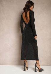 Czarna Dopasowana Sukienka Siateczkowa z Brokatem Wiązaniem na Szyi i Odkrytymi Plecami Nomiola. Czarne sukienki Renee, m, bez wzorów, eleganckie, bez kołnierzyka, bez ramiączek, maxi, dopasowane. W wyprzedaży za 108.49 zł.