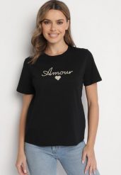 Czarna Bluzka z Bawełny Ozdobiona Napisem Nalavenne. Czarne bluzki Born2be, l, bez wzorów, z bawełny, eleganckie, bez kołnierzyka, bez ramiączek. Za 49.99 zł.