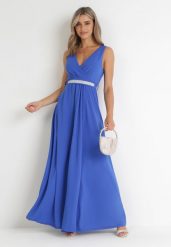 Niebieska Sukienka Rozkloszowana Maxi z Paskiem w Cyrkonie i Wycięciem Neorise. Niebieskie sukienki Born2be, z aplikacjami, z materiału, bez kołnierzyka, bez ramiączek, maxi, rozkloszowane. W wyprzedaży za 110.49 zł.
