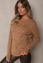 Ciemnobeżowy Elegancki Sweter z Delikatnymi Haftowanymi Zdobieniami z Przodu Reriala. Brązowe swetry Renee, m, z aplikacjami, z jeansu, casualowe, bez ramiączek. W wyprzedaży za 63.99 zł.