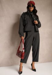 Ciemnoszare Spodnie o Garniturowym Fasonie High Waist Relessa. Szare jeansy Renee, l, bez wzorów, z jeansu, biznesowe, z podwyższonym stanem. W wyprzedaży za 107.99 zł.
