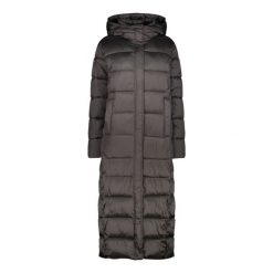 Długa kurtka puchowa z kapturem dla kobiet z efektem błyszczącym CMP. Szare kurtki CMP, l, bez wzorów, z puchu, z kapturem. W wyprzedaży za 608.99 zł.