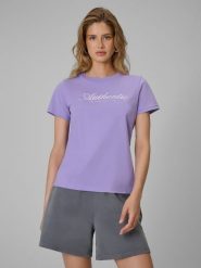 4F T-shirt regular z nadrukiem damski - fioletowy M. Fioletowe t-shirty 4f, m, bez wzorów, z bawełny, biznesowe, bez kołnierzyka, bez ramiączek. Za 59.99 zł.
