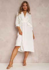 Biała Sukienka Canopis. Białe sukienki Renee, m, bez wzorów, z materiału, eleganckie, bez kołnierzyka, bez ramiączek, midi, kopertowe. W wyprzedaży za 67.99 zł.