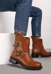 Brązowe Asymetryczne Botki z Ozdobnymi Klamrami przy Cholewce Marinissa. Brązowe botki Renee, bez wzorów, z jeansu, eleganckie, bez obcasa, na obcasie, bez zapięcia. W wyprzedaży za 80.49 zł.