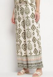 Beżowo-Zielone Spodnie Szerokie z Wiskozą w Geometryczny Wzór Teredia. Zielone jeansy Born2be, bez wzorów, z jeansu, eleganckie, z podwyższonym stanem. Za 109.99 zł.