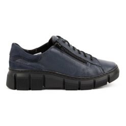 WASAK Półbuty damskie sneakersy skórzane 0663W granatowe niebieskie. Niebieskie półbuty wsuwane na jesień, bez wzorów, z polaru, bez obcasa. Za 423.31 zł.