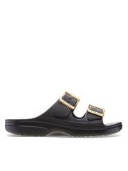 Crocs Klapki Saturday Sandal Metallic Buckle 213316 Czarny. Czarne klapki Crocs, bez wzorów, z tworzywa sztucznego, bez obcasa, bez zapięcia. Za 159.99 zł.