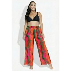 Damskie Spodnie palazzo wzór w fale szeroka nogawka elastyczny pas. Czerwone spodnie dresowe Ulla Popken, bez wzorów, z elastanu, długie. Za 239.99 zł.