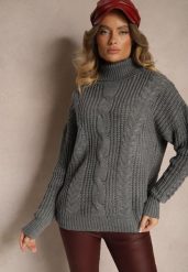 Ciemnoszary Golf z Wiskozą w Stylu Oversize z Ozdobnym Splotem Korremi. Szare swetry Renee, m, bez wzorów, z wiskozy, eleganckie, bez ramiączek. W wyprzedaży za 71.99 zł.