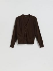 Kardigan z wełną - ciemnobrązowy. Brązowe swetry Reserved, l, bez wzorów, z dzianiny, bez ramiączek. Za 159.99 zł.