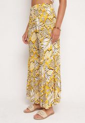 Żółte Wiskozowe Spodnie z Szerokimi Nogawkami z Gumką w Pasie Ozdobione Falbanką Jasmalia. Żółte jeansy Born2be, bez wzorów, z jeansu, eleganckie. Za 69.99 zł.