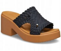 Klapki Dla Dorosłych Crocs Brooklyn Woven Slide Heel. Czarne klapki Crocs, bez wzorów, z materiału, bez obcasa, bez zapięcia. Za 263.99 zł.