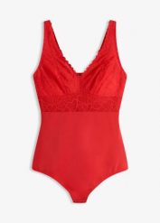 Body o średnim stopniu modelowania z koronką w serduszka. Czerwone bielizna modelująca bonprix, bez wzorów, z koronki, bez ramiączek. Za 129.99 zł.