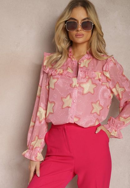 Różowa Koszula Ozdobiona Falbankami i Wzorem w Gwiazdki Limixa. Czerwone koszule Renee, l, bez wzorów, bez kołnierzyka, bez ramiączek. Za 119.99 zł.