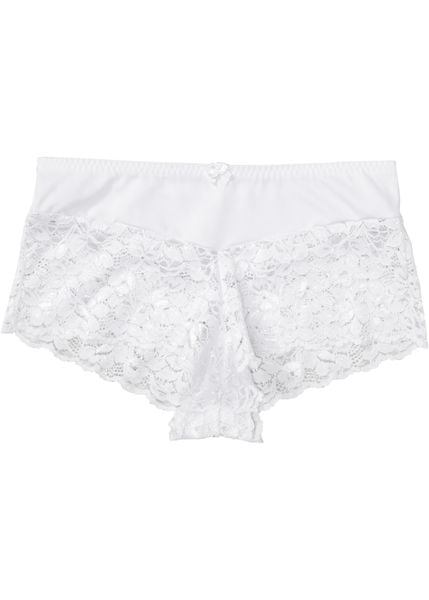 Figi panty z wysokim stanem i koronką. Białe figi bonprix, bez wzorów, z koronki, z podwyższonym stanem. Za 39.99 zł.