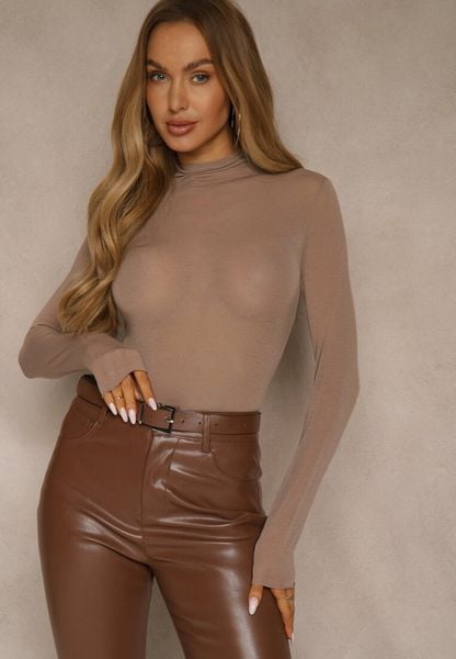 Brązowa Wiskozowa Bluzka Longsleeve Golf z Kaszmirem Vidara. Brązowe bluzki Renee, s, bez wzorów, z jeansu, bez kołnierzyka, bez ramiączek. Za 79.99 zł.