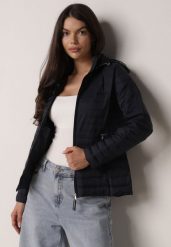 Granatowa Pikowana Kurtka Przejściowa z Kapturem z Lamówką i Ściągaczami Zidara. Niebieskie kurtki Born2be, l, bez wzorów, z dresówki, z kapturem. Za 84.99 zł.