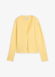 Sweter rozpinany z domieszką jedwabiu. Żółte swetry bonprix, bez wzorów, bez ramiączek. Za 99.99 zł.
