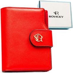 Pionowy portfel damski ze skóry ekologicznej w czerwonym kolorze, zamykany na zatrzask i suwak - Rovicky. Czerwone portfele ROVICKY, bez wzorów, ze skóry ekologicznej. Za 89.99 zł.