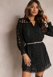 Czarna Koszulowa Sukienka Mini z Paskiem w Stylu Vintage Butafa. Czarne sukienki Renee, m, bez wzorów, vintage, bez kołnierzyka, bez ramiączek, mini, koszulowe. W wyprzedaży za 175.99 zł.