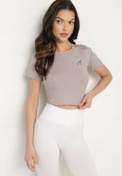 Jasnoszary T-shirt Crop Top Ozdobiony Literką Koliviela. Szare t-shirty Born2be, l, z aplikacjami, z jeansu, eleganckie, bez kołnierzyka, bez ramiączek. Za 39.99 zł.