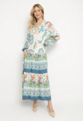 Jasnoniebieska Wiskozowa Sukienka w Etniczne Wzory o Rozkloszowanym Kroju Xarisen. Niebieskie sukienki Born2be, na co dzień, l, bez wzorów, z wiskozy, eleganckie, bez kołnierzyka, bez ramiączek, maxi, rozkloszowane. Za 99.99 zł.